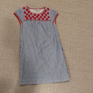 Boden Blue & White Striped Dress with Red Embroidered Yoke